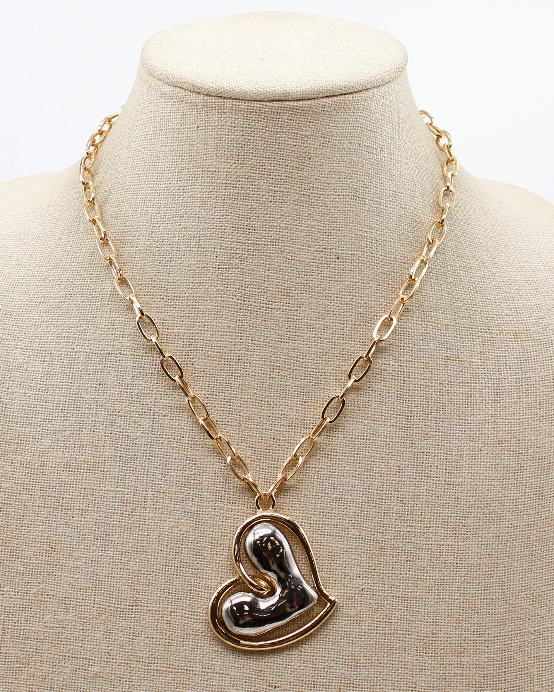 Gold Chain with Gold and Silver Heart Charm 16"-18" Necklace