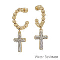 Water Resistant Gold Beaded with Rhinestone Cross 1.5" Hoop Earring