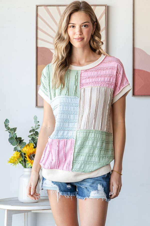 Color Block Textured Patchwork Short Sleeve Top