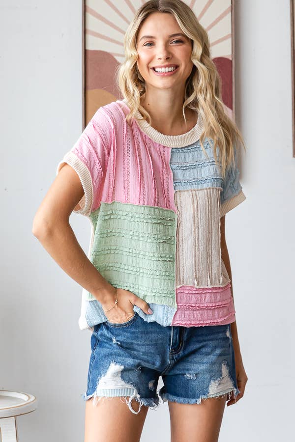 Color Block Textured Patchwork Short Sleeve Top