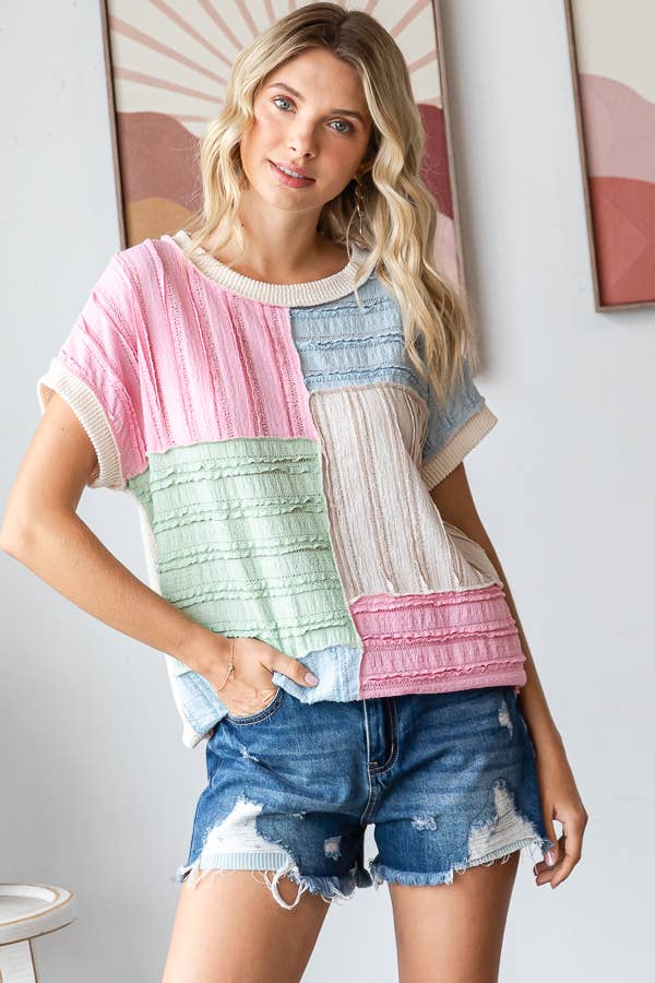 Color Block Textured Patchwork Short Sleeve Top