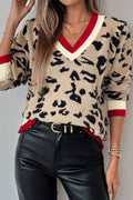 Animal Print Sweater with Red Trim