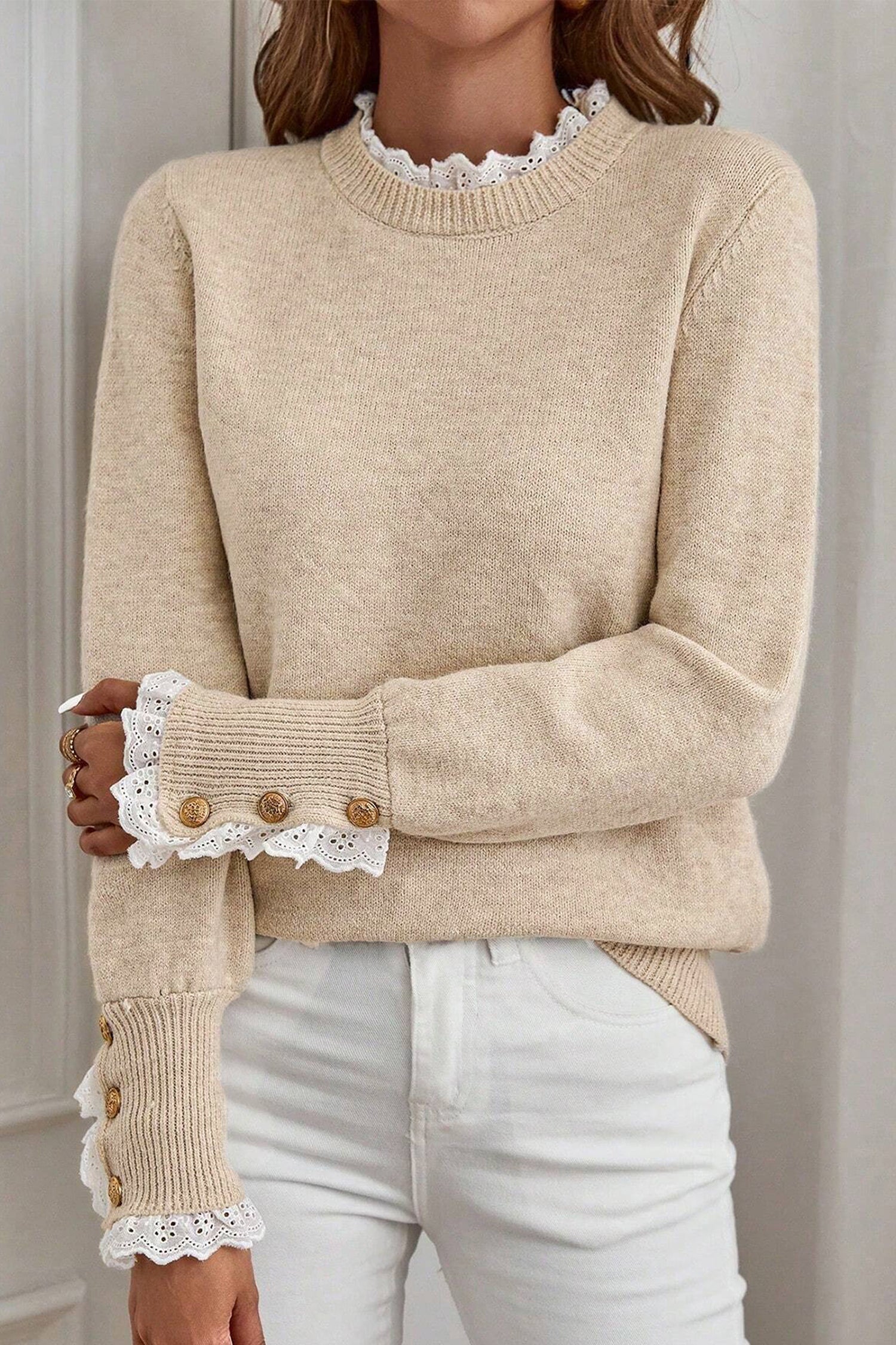 Beige Sweater with Lace Trim