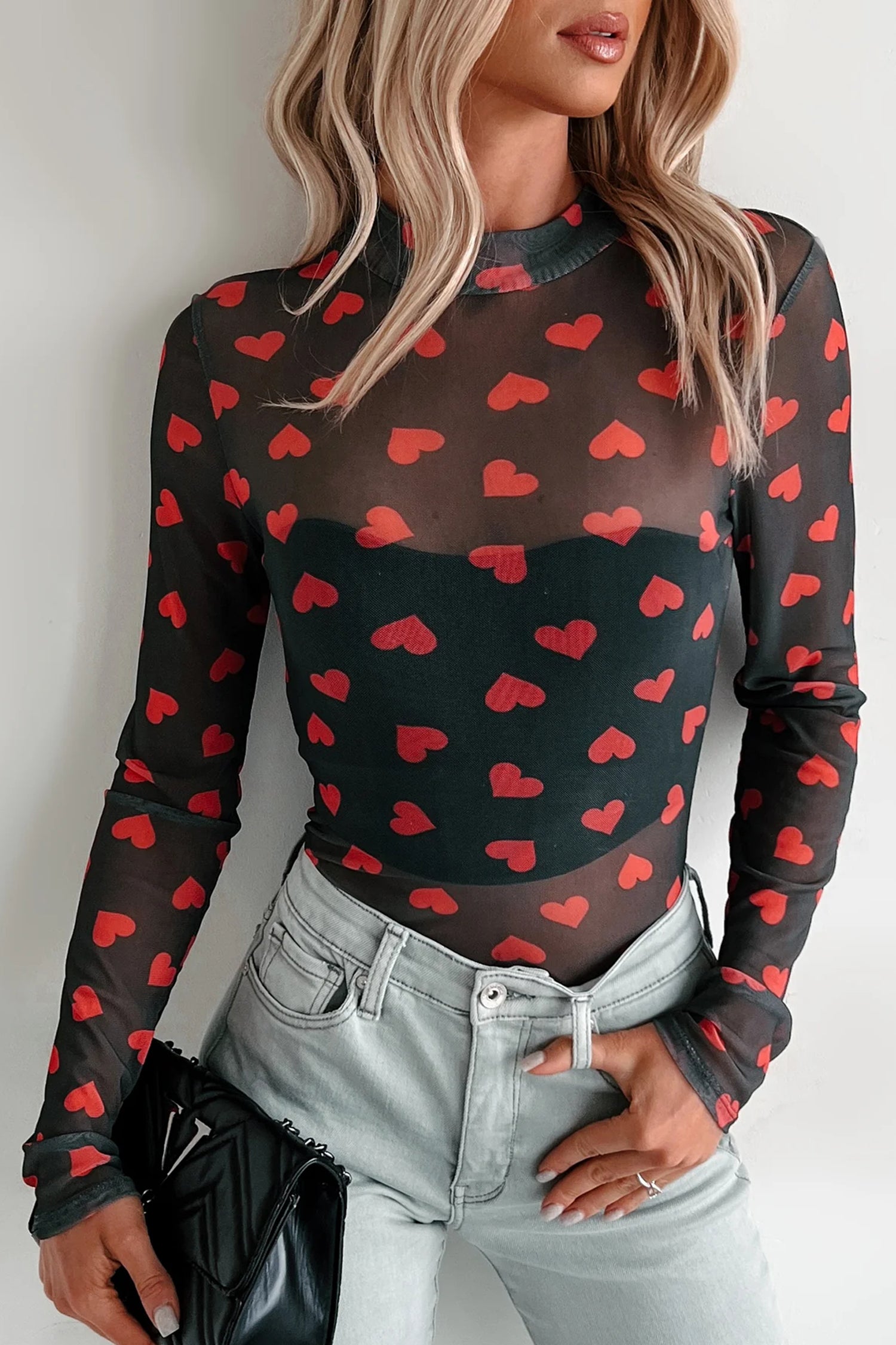 Black Mesh Top with Red Hearts