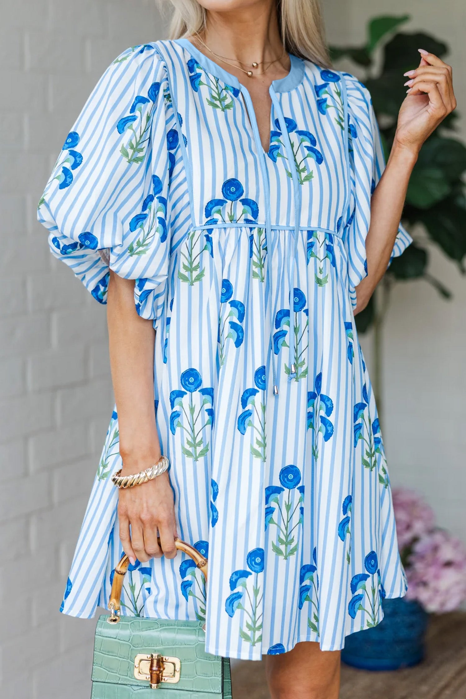 Sky Blue Floral Striped Dress