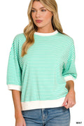 Mint Striped Contrast Trim Top