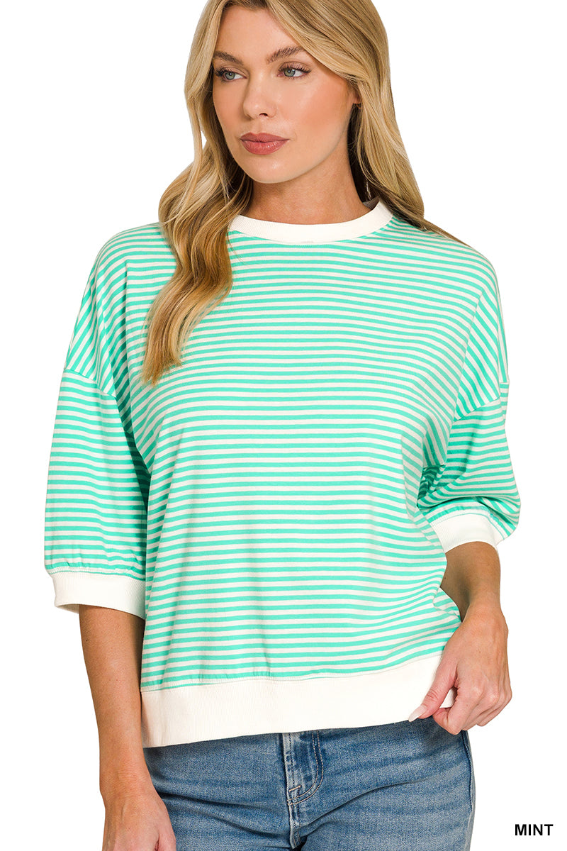 Mint Striped Contrast Trim Top