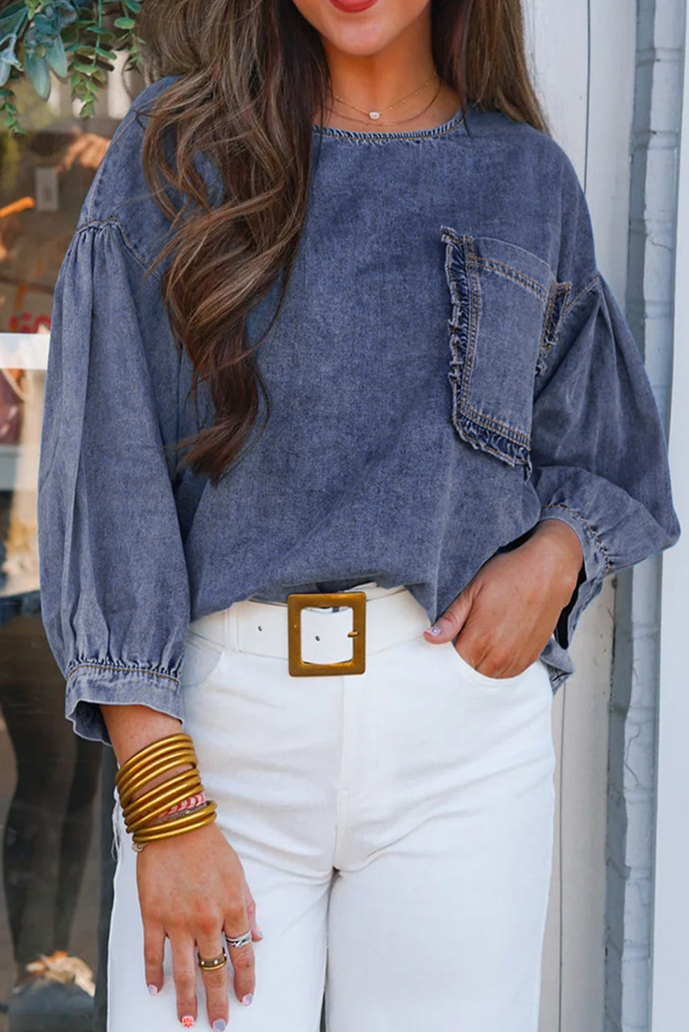 Denim 3/4 sleeve Ruffle Top