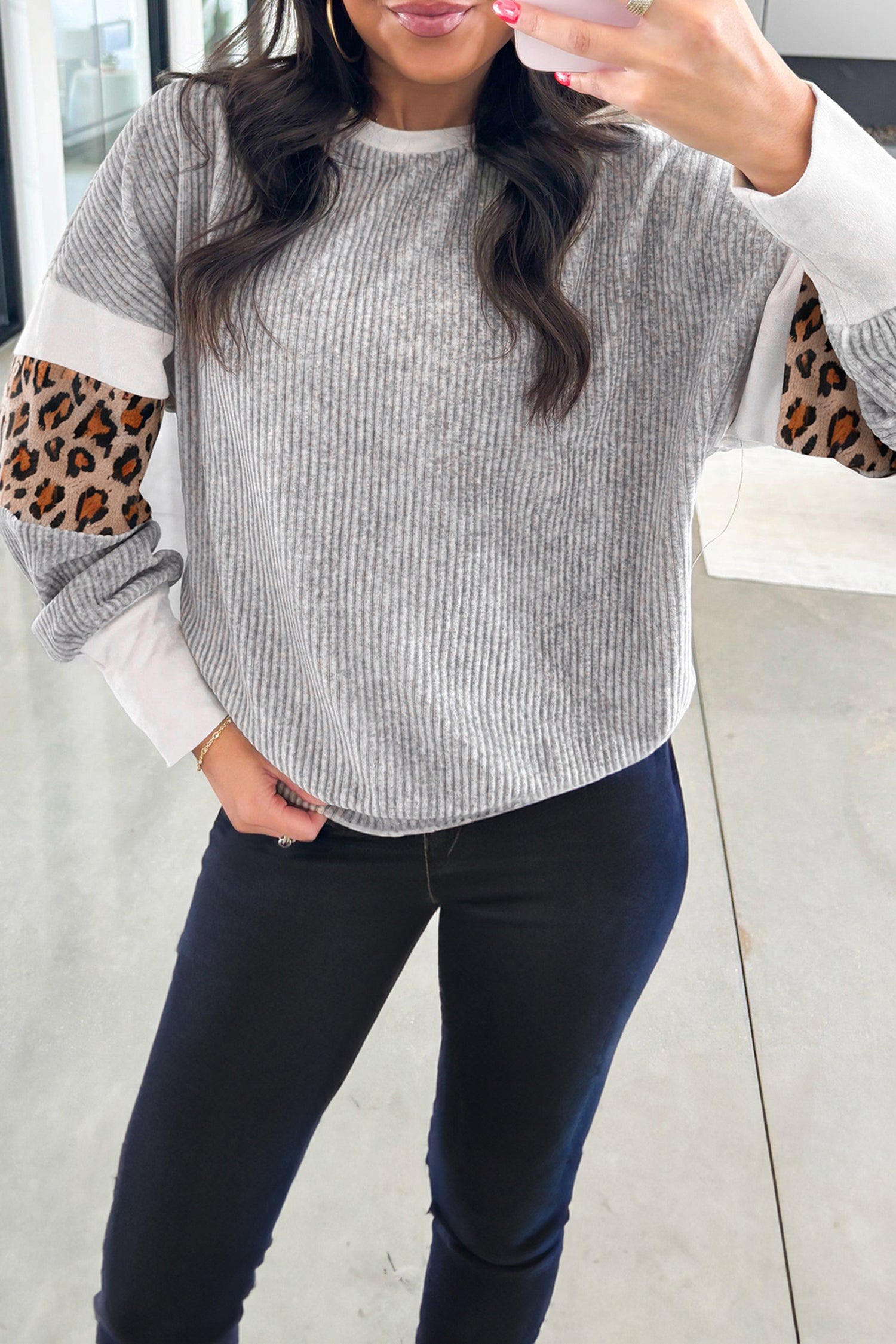 Gray Animal Print Colorblock Top