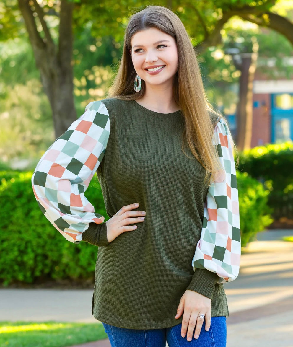 Checked Sleeve LS Top