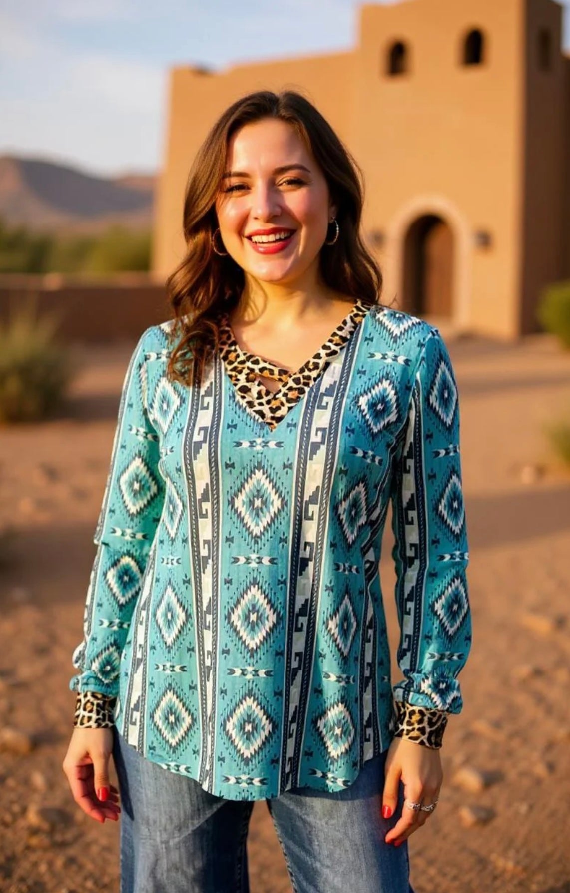 Western Mint Aztec Printed Top