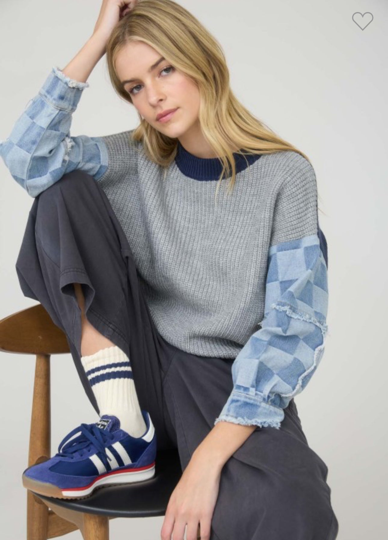 Checkered Denim Sleeve Sweater