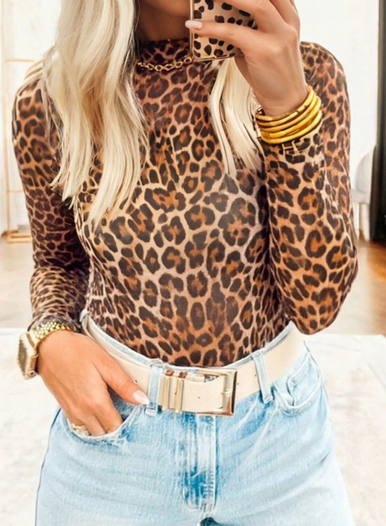 Brown Animal Print Mesh Top