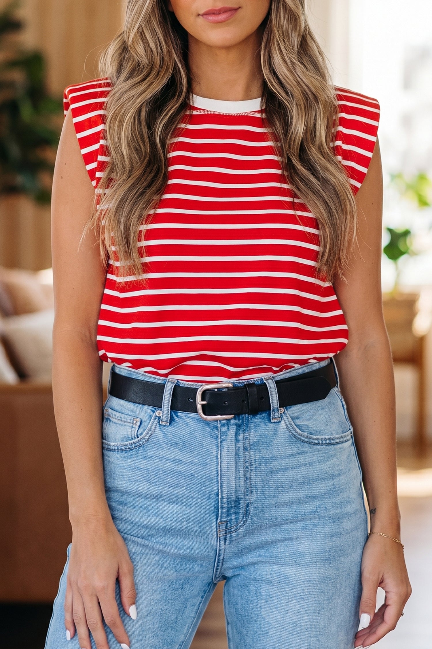 Red & White Sleeveless Top
