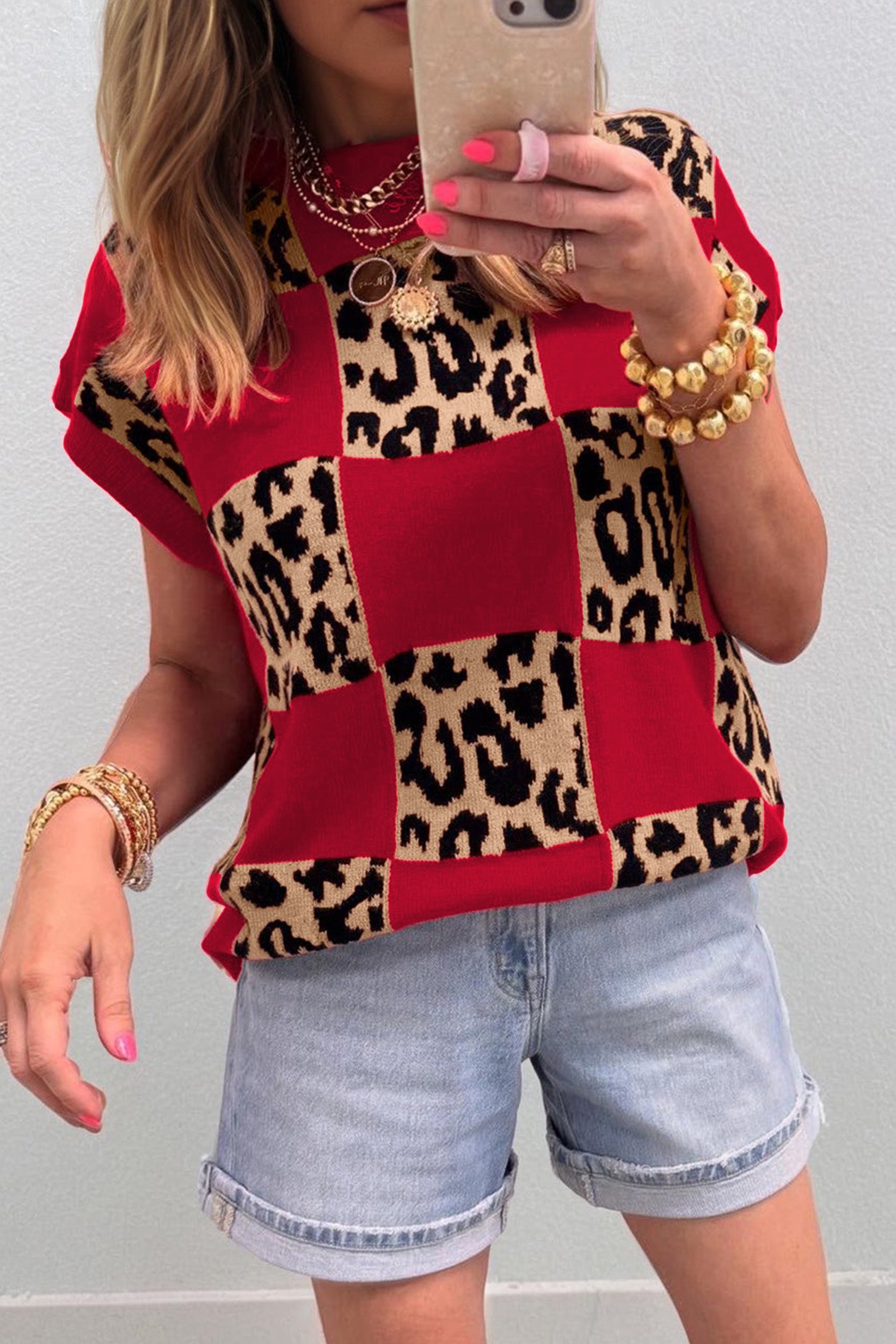 Red & Animal Print Checkerboard Sweater