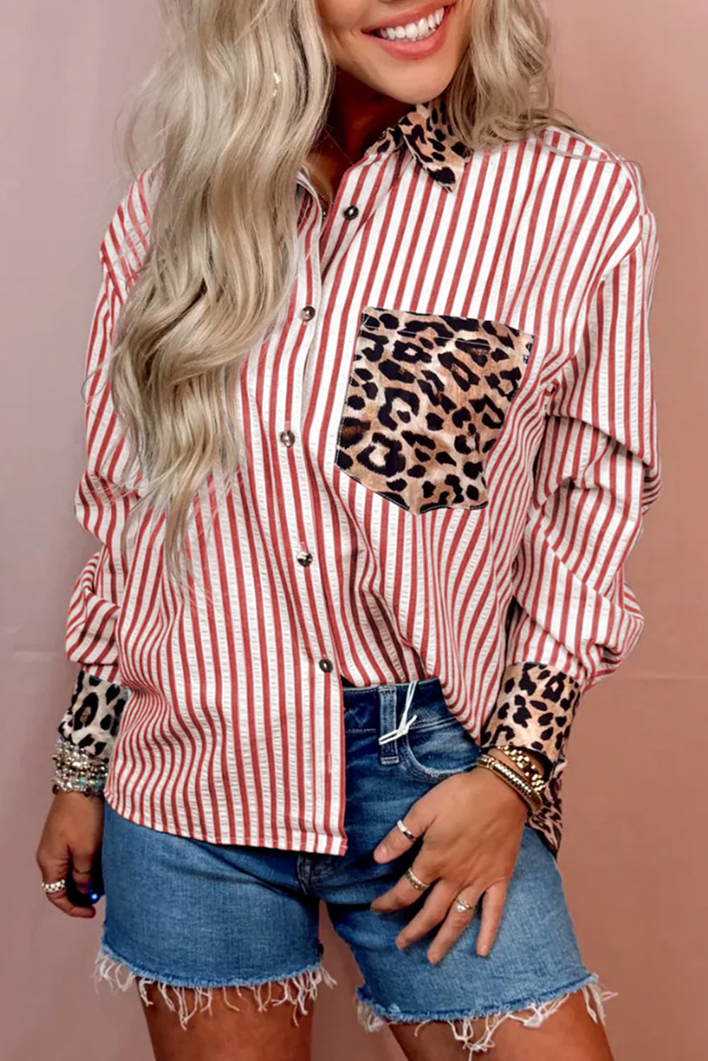 Red Stripe Top with Leopard Trim