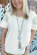 White Stripe Colorblock Floral Sleeves Top