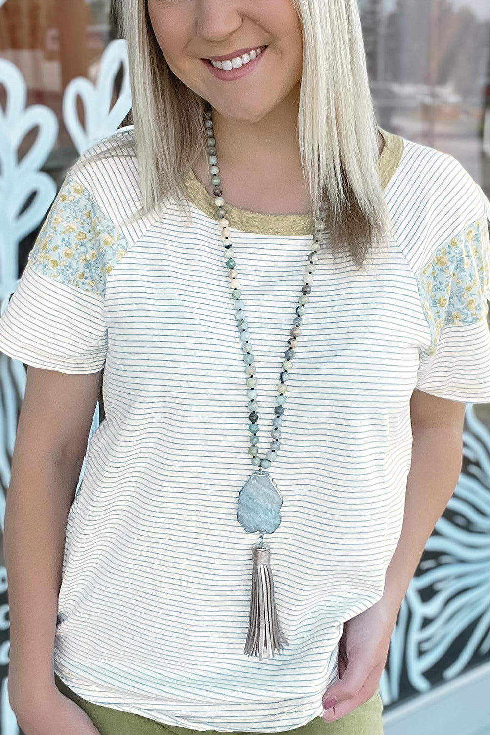 White Stripe Colorblock Floral Sleeves Top