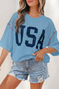 Blue USA Graphic Half Sleeve Loose Ribbed Top