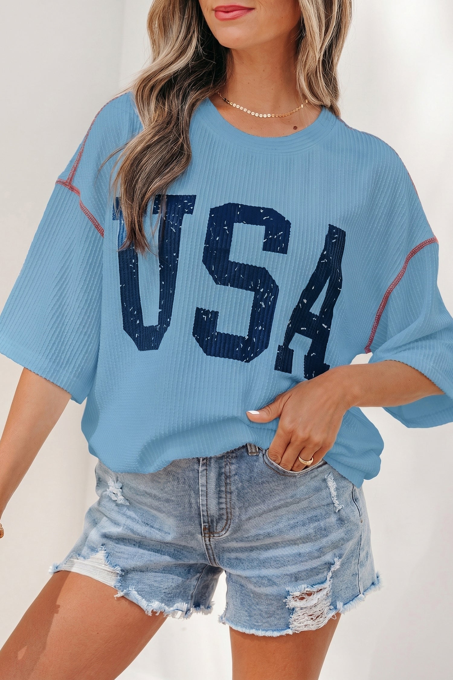 Blue USA Graphic Half Sleeve Loose Ribbed Top