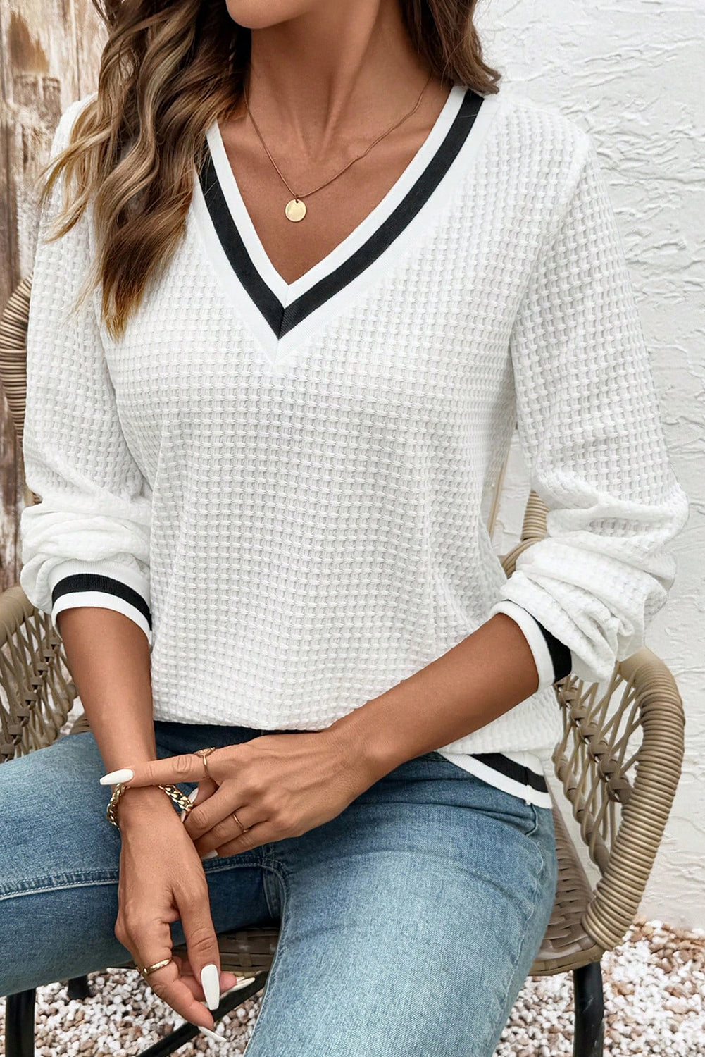 White with Black Trim LS Top