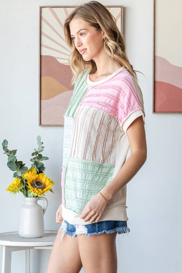 Color Block Textured Patchwork Short Sleeve Top