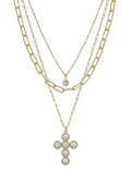 Gold Layered Necklace with Pearl Studded Cross 16"-18" Necklace