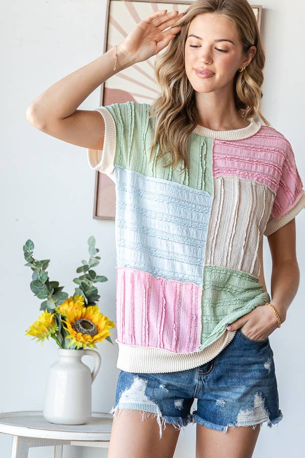 Color Block Textured Patchwork Short Sleeve Top