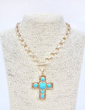 Gold Circle Chain with 1.75" Cross with Turqouise Accents 18" Necklace and Cross Earrings