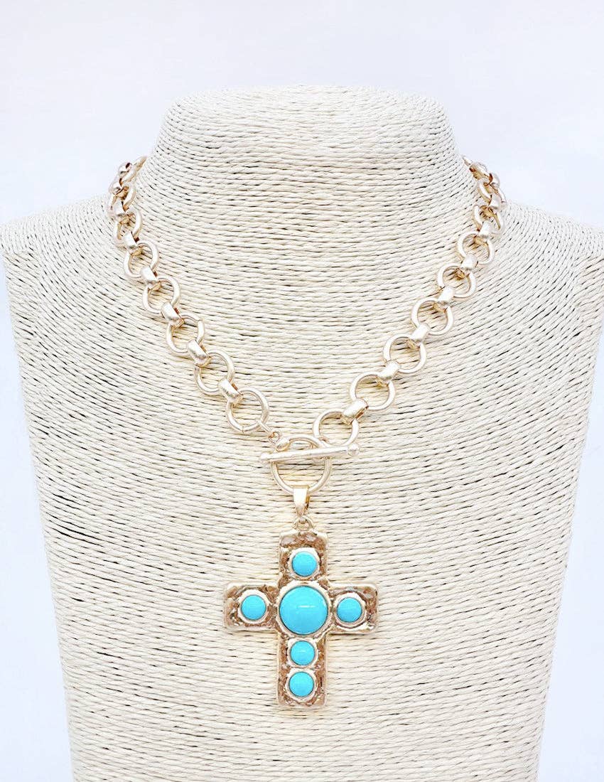 Gold Circle Chain with 1.75" Cross with Turqouise Accents 18" Necklace and Cross Earrings