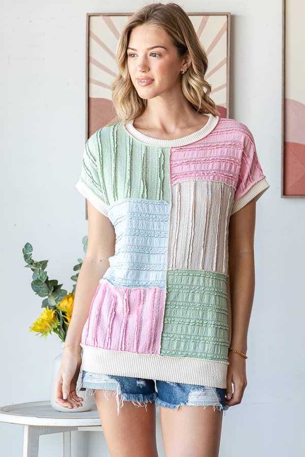 Color Block Textured Patchwork Short Sleeve Top