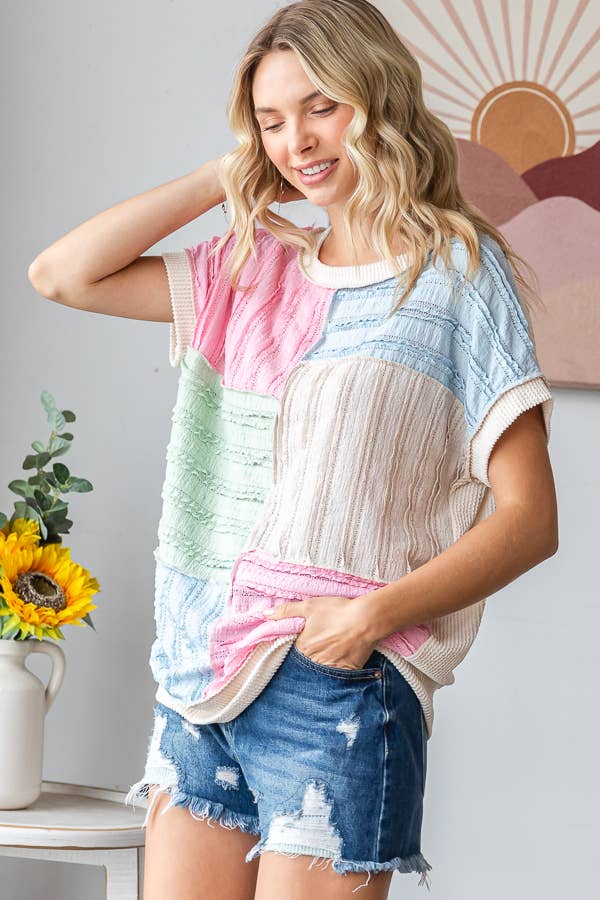 Color Block Textured Patchwork Short Sleeve Top