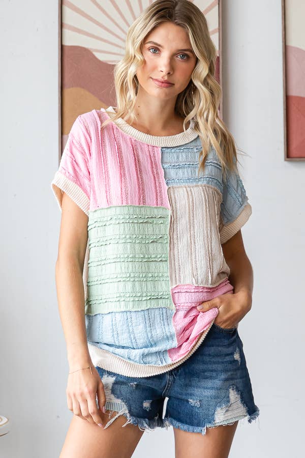 Color Block Textured Patchwork Short Sleeve Top