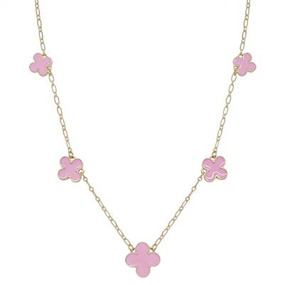 Pink Enamel Clover on Gold Chain 16"-18" Necklace